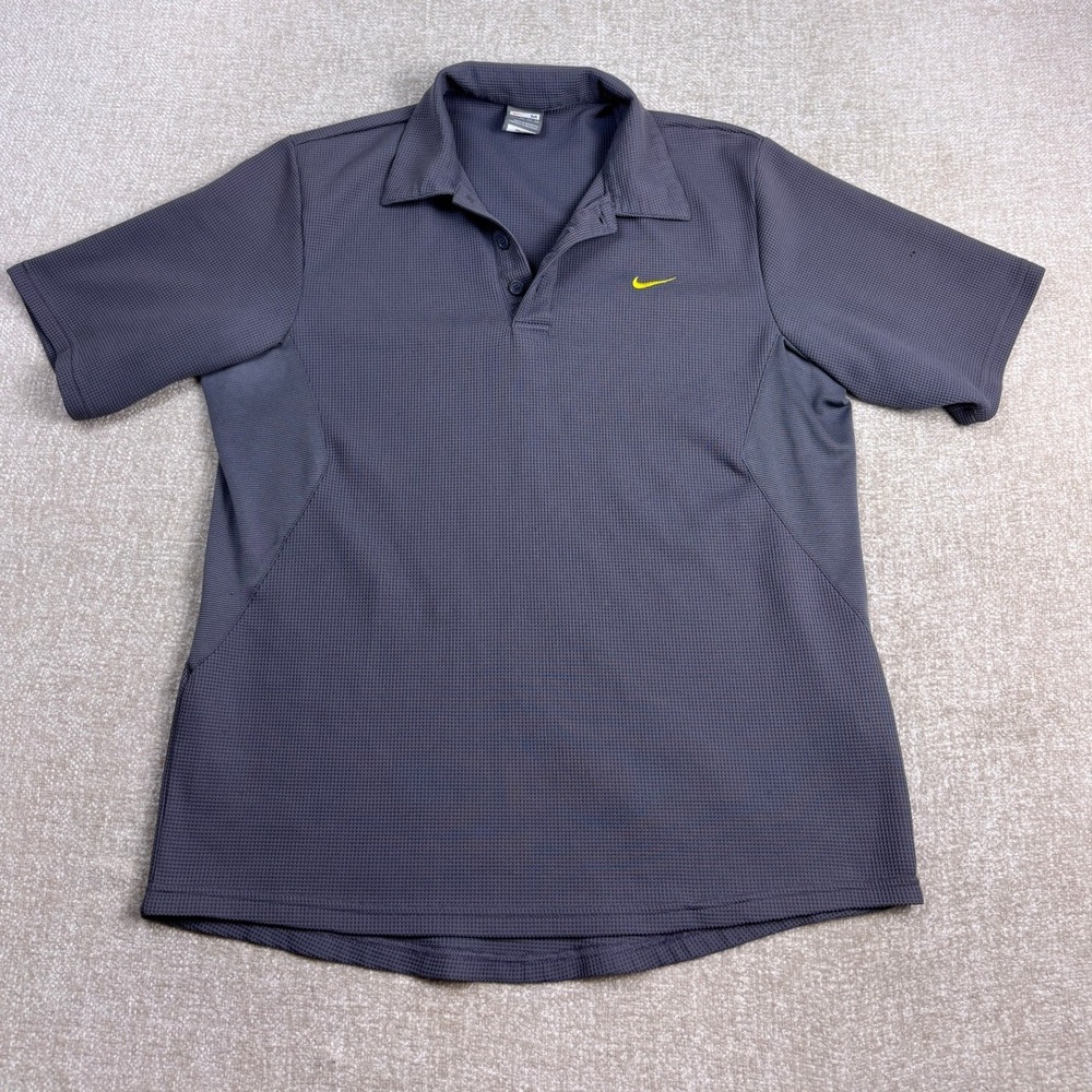 Vintage Nike Fit Dry Polo Shirt Mens Medium Gray Waffle Knit Yellow Swoosh